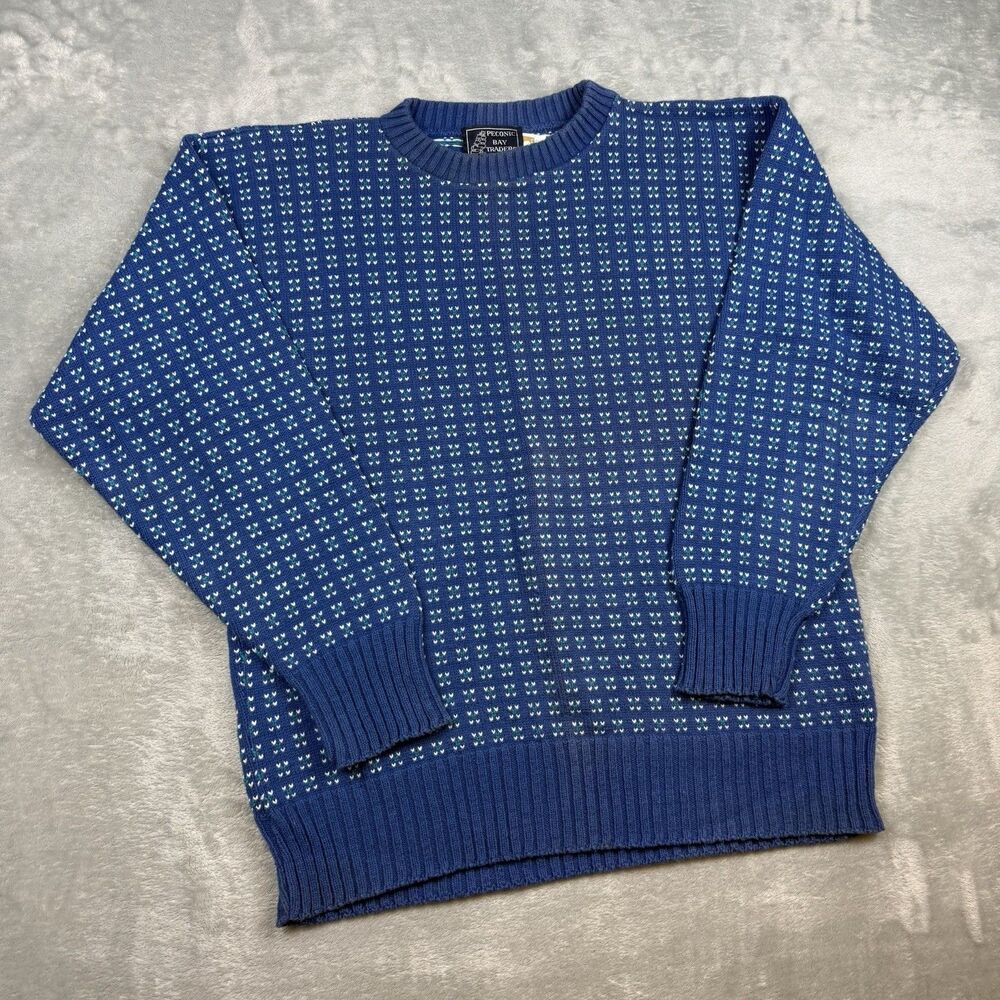Vintage Peconic Bay Traders Blue Birdseye Knit Sweater USA Large Cotton